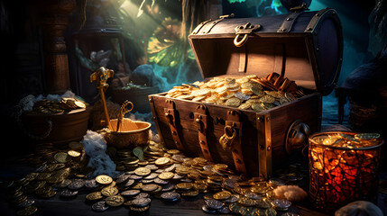 Pirate's treasure chest overflowing with shiny coins, jewels, as well as valuable trinkets