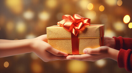Hands of woman holding christmas gift box on a red background