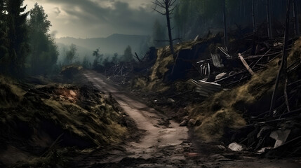 Fototapeta premium Village landslide on the road, natural disaster