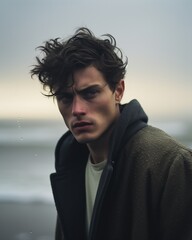 Broody young man on beach