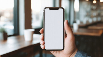 Mockup of a hand holding black mobile phone with blank white screen in cafe