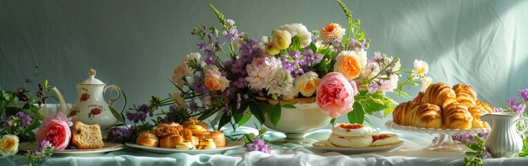 Table With Pastries and Flower Filled Vase