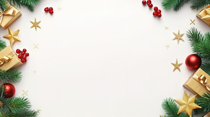 Fototapeta na wymiar New Year concept, Top view photo of red gift boxes with green ribbon bows baubles. Generative Ai