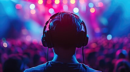Happy individual listening to music and enjoying favorite songs in concert. Generative Ai.