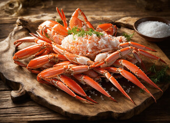Delicious snow crab leg clusters on wooden table - obrazy, fototapety, plakaty
