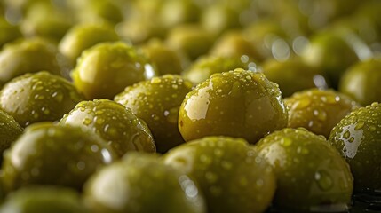 A bunch of green olives with water droplets on them, AI - Powered by Adobe