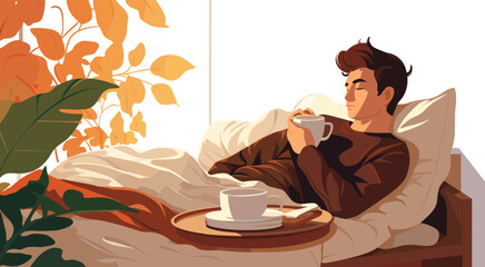 person in bed drinking coffee vector flat isolated illustration - obrazy, fototapety, plakaty