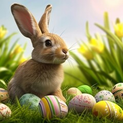 Fototapeta premium Rabbit Amongst Easter Eggs in Lush Grass. A realistic rabbit surrounded by colourful Easter eggs in the grass.