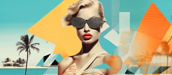 Obraz na płótnie Canvas Digital collage art combining beach tropical location, geometry sketch mix, and fashion zine design.