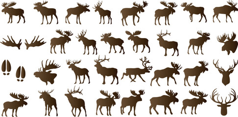 Majestic moose silhouettes, moose vector illustrations, wildlife, nature. Various poses, standing, walking, showcasing antlers. Perfect for nature themes, wildlife conservation efforts