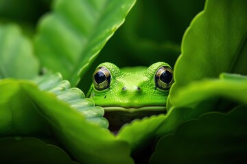 Green frog peeking behind the leaves