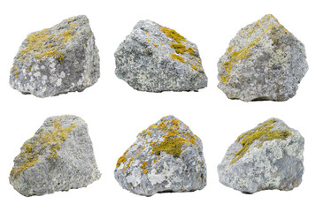 Set of grey rocks covered by lichen. Isolated on white or transparent background png.