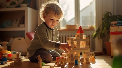 Young child playing with wooden toys blocks at home - obrazy, fototapety, plakaty