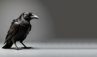 A crow with a black beak sits on grey background, generative ai - obrazy, fototapety, plakaty