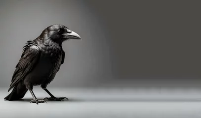 Fotobehang A crow with a black beak sits on grey background, generative ai © Neelam