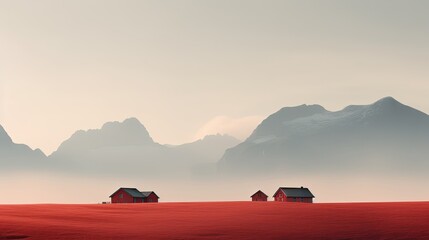 photo three red houses hazy mountains - Powered by Adobe