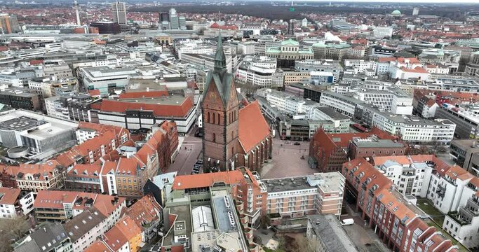 Hanover's Iconic Marktkirche. Urban city view and skyline overview. Aerial drone view. The Evangelical Lutheran market church of St. Georgii et Jacobi in the old town of Hanover.