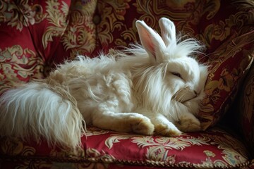Angora rabbit lounging on a plush velvet cushion its long and silky fur creating a captivating scene of comfort and elegance - Powered by Adobe