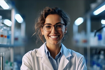 In the image, there is a smiling female scientist wearing a white lab coat and glasses, standing in a laboratory with shelves of bottles in the background. - obrazy, fototapety, plakaty