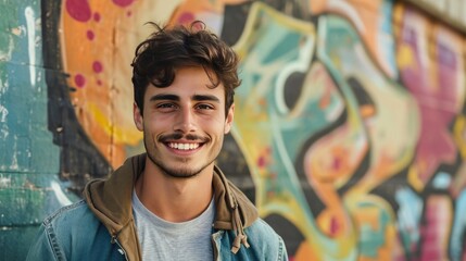 Obraz na płótnie Canvas Handsome young smiling man grafitti background