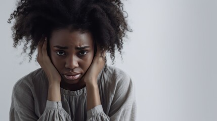 African woman worried expression due to depression or anxiety - obrazy, fototapety, plakaty