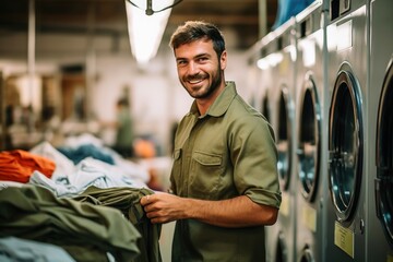 A man in a public laundry.