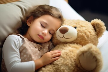 A little girl sleeping in the arms of a huge teddy bear.
