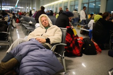 People sleeping at an airport due to a delayed aircraft.