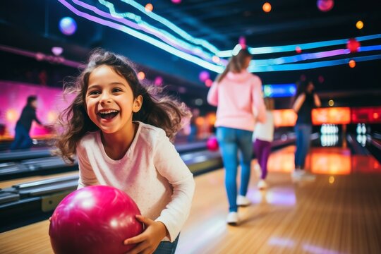Kids having fun in a bowling alley.
