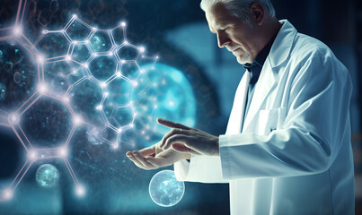 Doctor diagnose and checking brain testing result with computer and AI, robotic on virtual interface in laboratory, innovative technology in science and medicine.