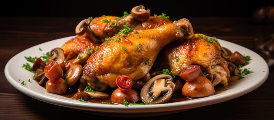 Delicious chicken legs and mushrooms on a dish.
