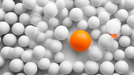 Orange ping pong balls surrounded with white balls one white background