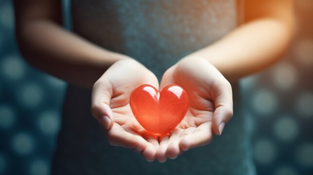 Woman hand holding and offering a red heart shape