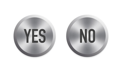 Metal buttons NO and YES. Brushed steel round plates on white background. UI Switch Button (On/Off). Metal round button on energy. Vector illustration