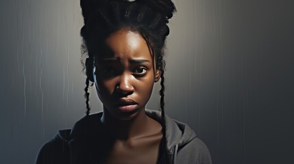 African woman worried expression due to depression or anxiety - obrazy, fototapety, plakaty