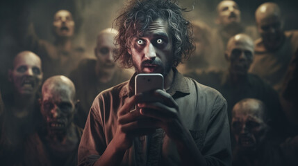 Concept of mental health due to information overload and internet addiction. Fearmongering Social networks, gambling addiction, web surfing. Zombie people