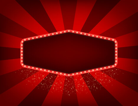 Retro light sign. Vintage style banner. Promotion and sale billboard, cinema, bar show or restaurant. Frame for winners of poker, cards, roulette, lottery and casino. Vector illustration