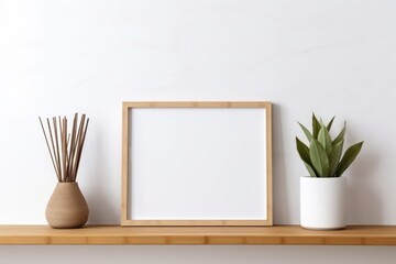 Mockup photo frame on scandinavian white room interior with wooden furniture and tropical plants - obrazy, fototapety, plakaty