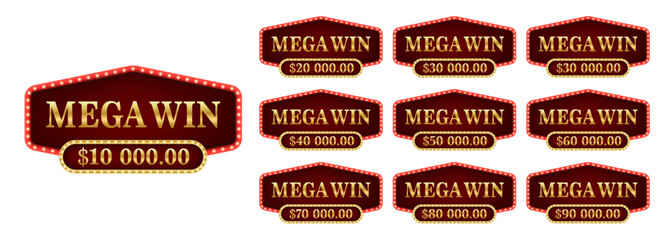 Set Mega Win banner for lottery or casino games. Glow light effect. Shining retro sign Mega Win banner. Frame for winners of poker, cards, roulette, lottery and casino. Vector illustration