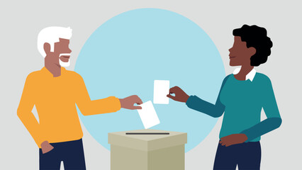 Vektor-Illustration eines Mannes und einer Frau, die einen Stimmzettel in eine Wahlurne werfen und damit eine Stimme abgeben - Wahl oder soziale Umfrage Konzept - obrazy, fototapety, plakaty