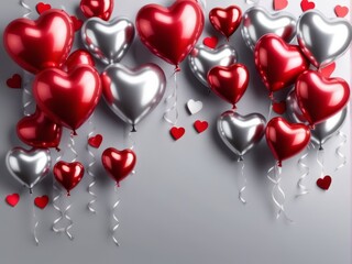 Red and silver ballons floating in the background, romantic , love ,valentine ballon background with space for text - obrazy, fototapety, plakaty