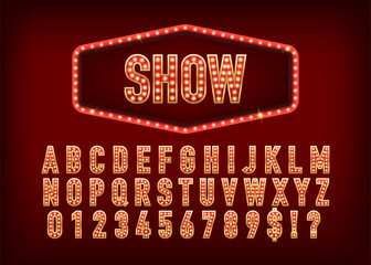 Show alphabetical font. 3D letters and numbers with light bulbs. Retro light sign. Vintage style banner. Broadway show retro glowing font. Vector illustration