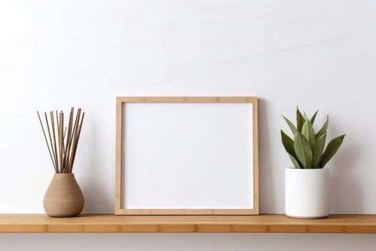 Mockup photo frame on scandinavian white room interior with wooden furniture and tropical plants