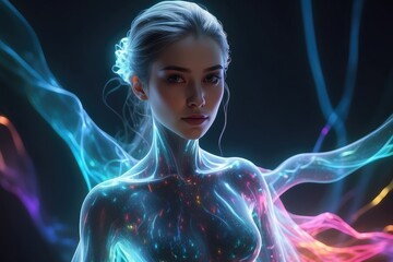 Phantasmagorical Figure of a Woman with Neon Colors Illustration, A Surreal and Vibrant Digital Artistic Masterpiece Depicting an Ethereal Female Character. - obrazy, fototapety, plakaty