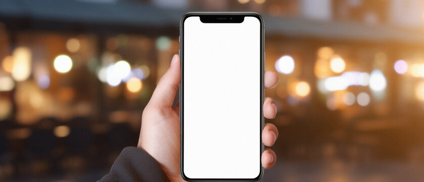 Mockup image of hand holding smartphone with isolated white screen on blurred background .