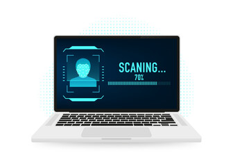 Facial recognition system. Biometric scanning men face on laptop, user authentication access technology. The laptop scans a person's face, forming a polygonal mesh. Vector illustration