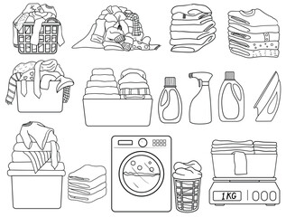 Set of laundry vector line art. Folding shirt illustration and dirty clothes on bucket