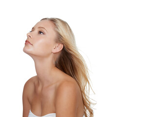 Obraz premium Beauty, woman and cosmetics in studio for hair care with keratin treatment, shampoo shine and mock up. Model, thinking and soft hairstyle, texture and cosmetology at hairdresser on white background