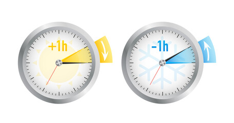 Silver Clock Winter Time Snowflake And Sun. Clock switch to summer time and to winter time. Vector illustration
