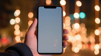 Male hand holds a phone with a white screen on a blurred background of bokeh